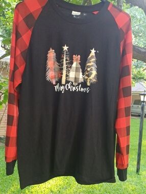 Black Christmas Tree Graphic RAGLAN Top with Red Buffalo Plaid Sleeves